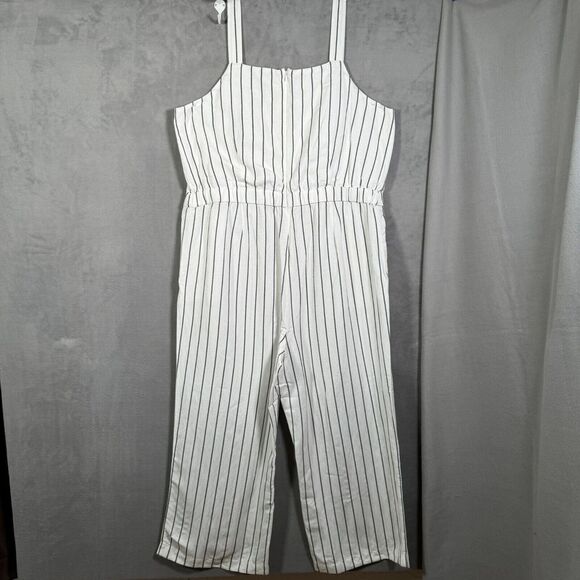 Loft Womens Linen Blend Jumpsuit XL White Black Stripe Sleeveless Wide Leg Boho - Picture 3 of 11